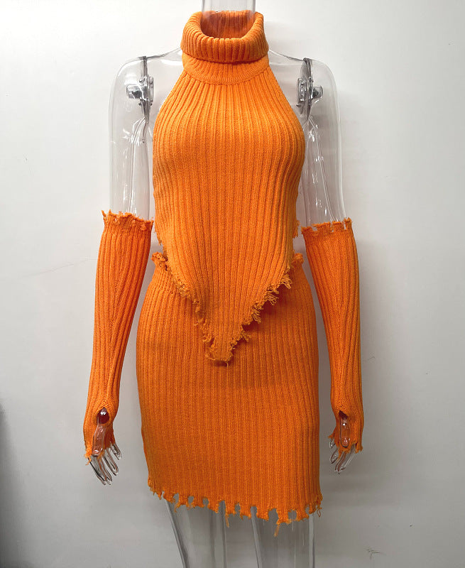 💖Strap Neck Hot Girl Short Knit Top and Bodycon Mini Skirt Women's Two-Piece Set