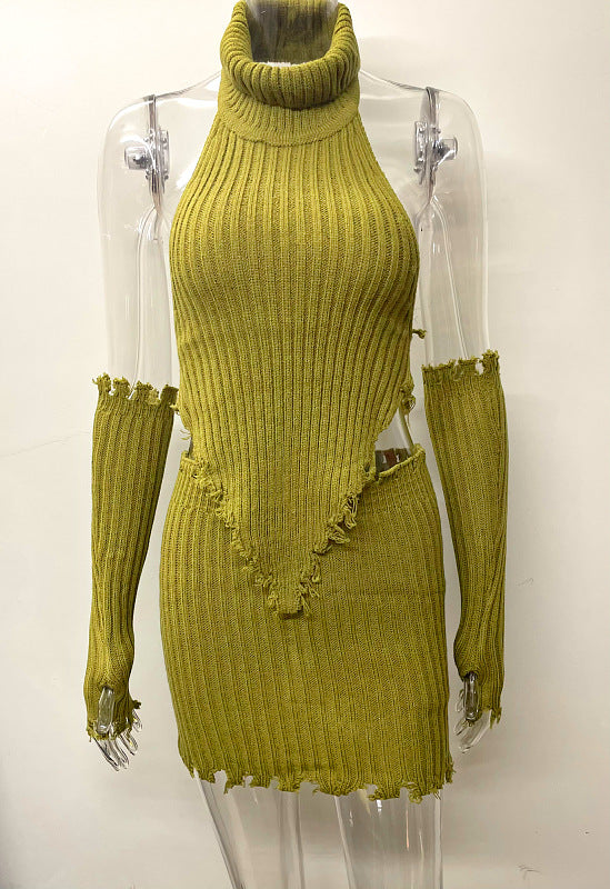 💖Strap Neck Hot Girl Short Knit Top and Bodycon Mini Skirt Women's Two-Piece Set