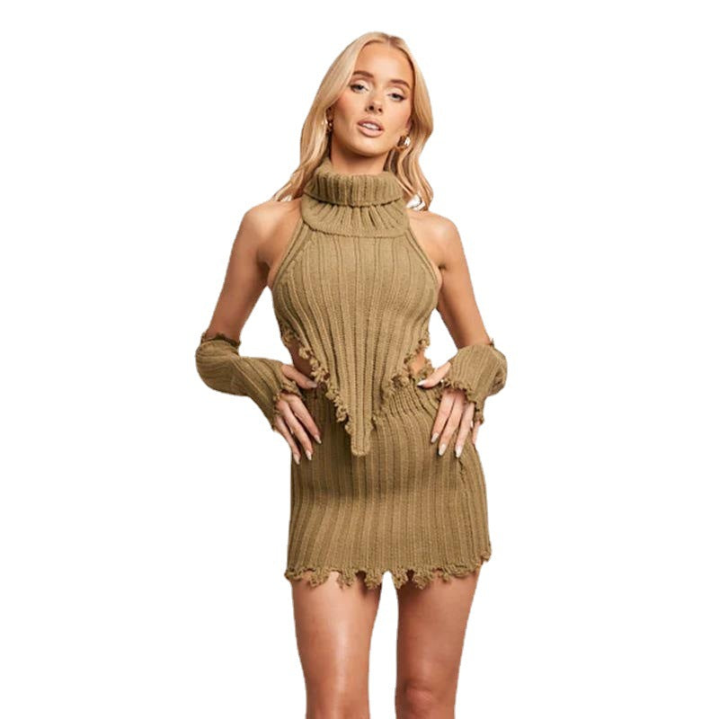 💖Strap Neck Hot Girl Short Knit Top and Bodycon Mini Skirt Women's Two-Piece Set
